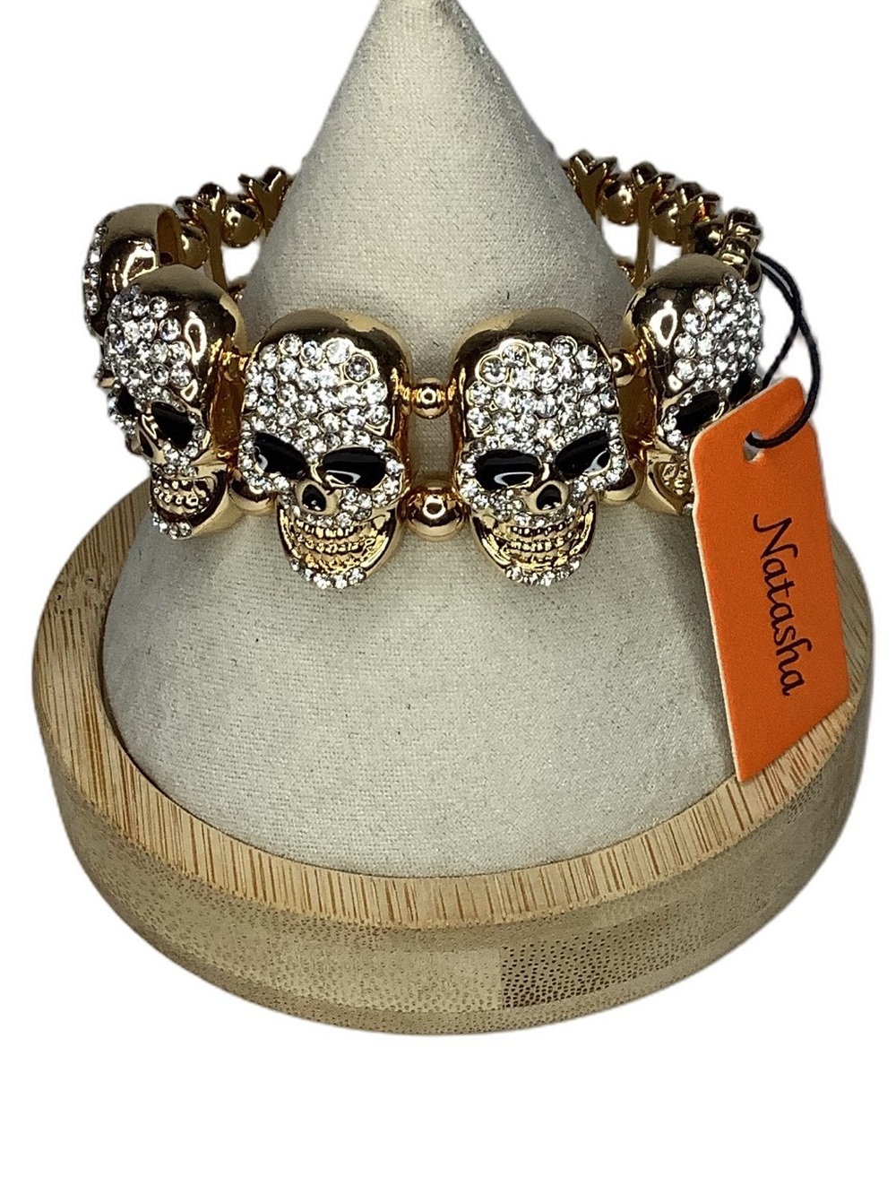 Natasha Halloween Skull & Bones Gold Rhinestone Stretch Bracelet New